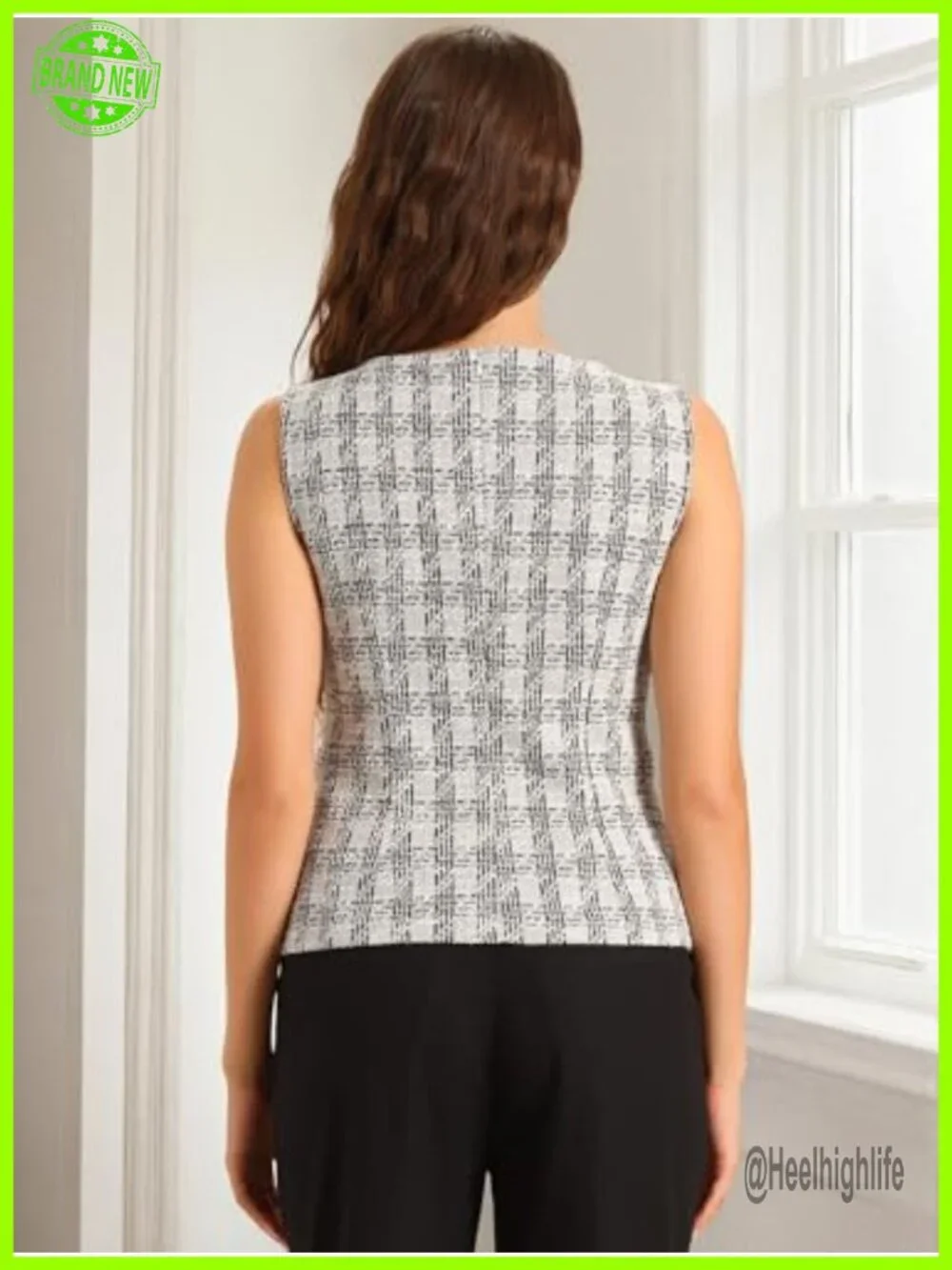 Elegant Sleeveless Tweed Vest Top Crew Neck Business Casual Office